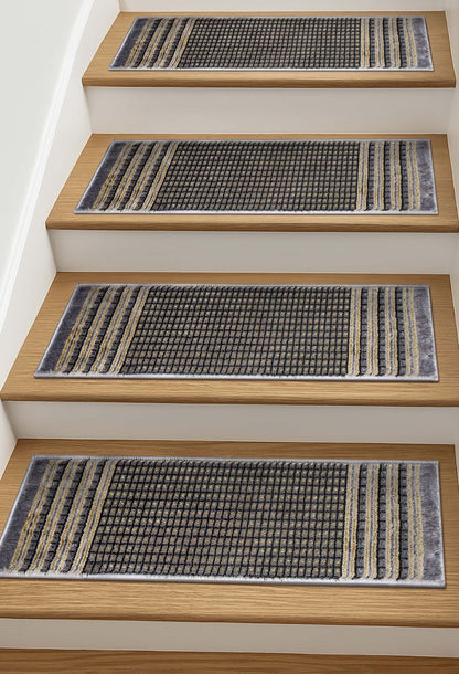 Waylon Grey Stair Tread Rugs - Well Woven - Waylon Grey Stair Tread Rugs on wooden stairs