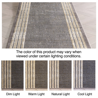 Custom Size Runner Waylon Retro Border Solid & Striped Grey Select Your Width x Choose Your Length Hallway Runner Rug Well Woven