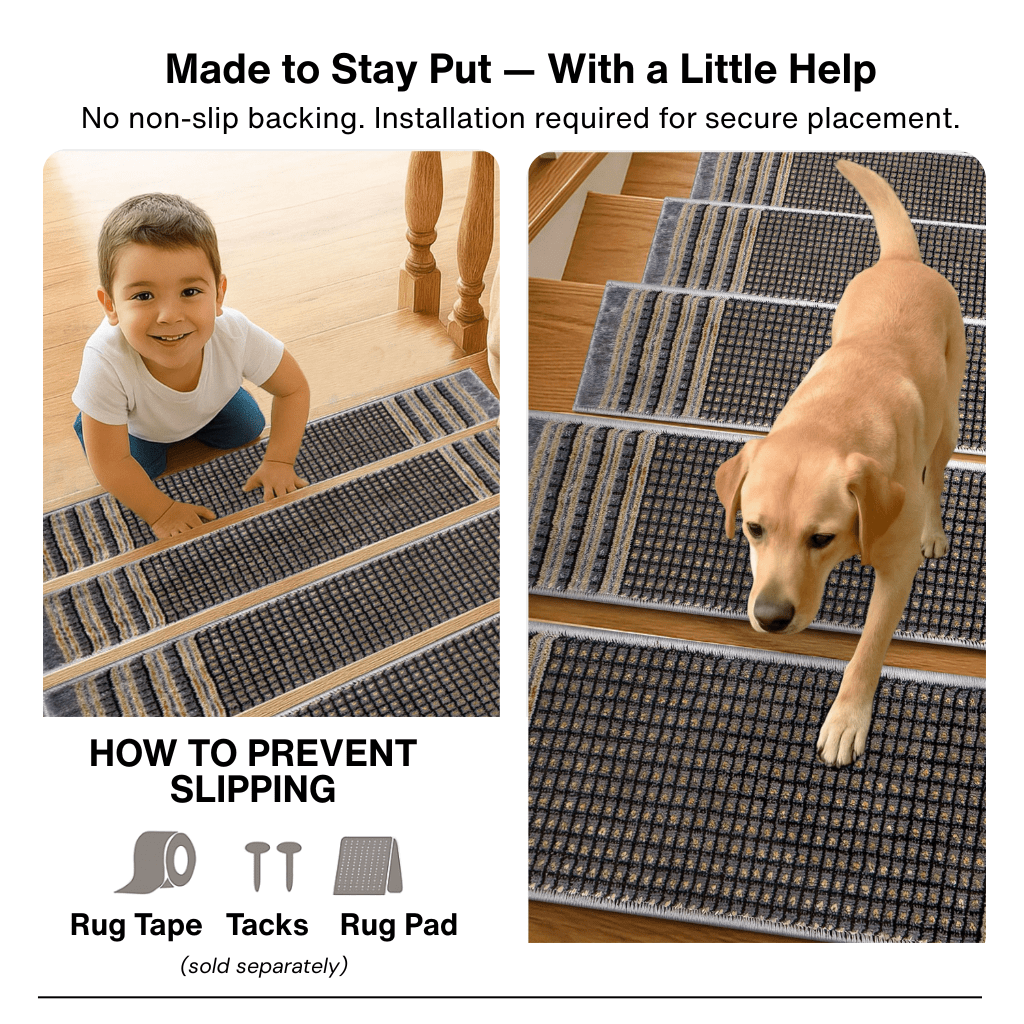grey and gold stair tread rugs with text about no non-slip backing and installation, showing a child and dog on the rugs.