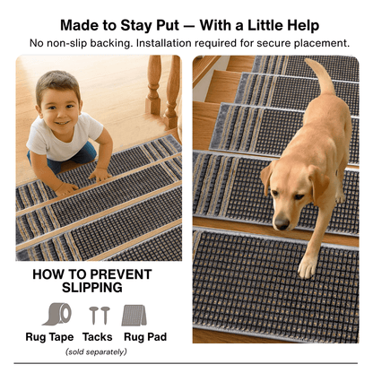 grey and gold stair tread rugs with text about no non-slip backing and installation, showing a child and dog on the rugs.