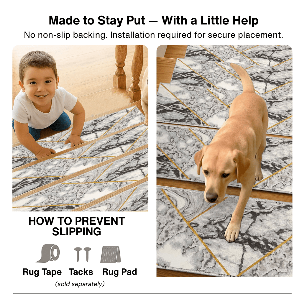 grey abstract stair tread rugs with text about no non-slip backing and installation, showing a child and dog on the rugs.