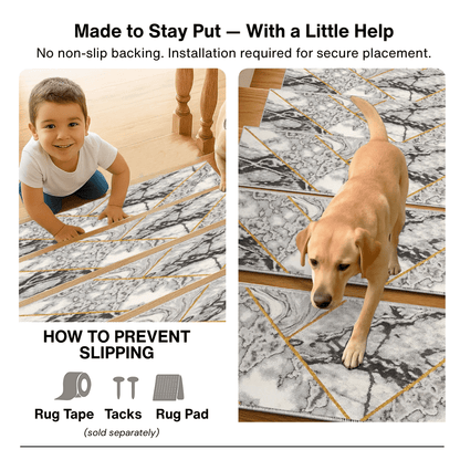 grey abstract stair tread rugs with text about no non-slip backing and installation, showing a child and dog on the rugs.