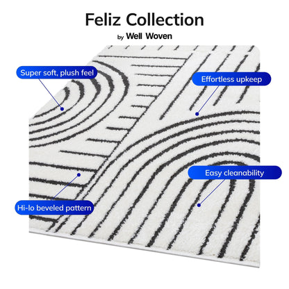 Rainbow Shag Geometric Ivory Black High-Low Rug Well Woven