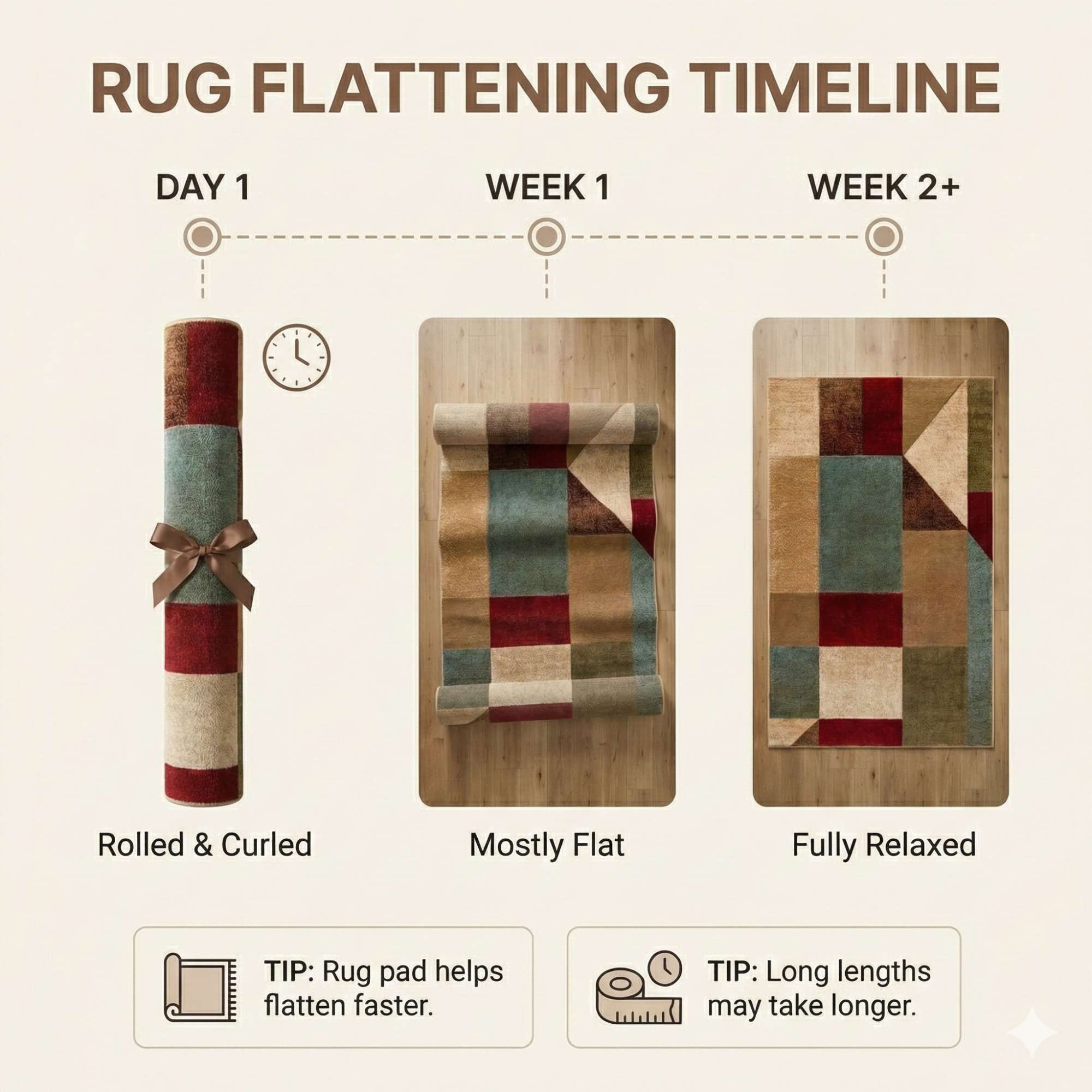 GV-111 - Diagram showing the rug flattening timeline with stages from rolled & curled to mostly flat to fully relaxed.
