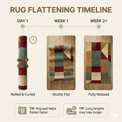 GV-111 - Diagram showing the rug flattening timeline with stages from rolled & curled to mostly flat to fully relaxed.