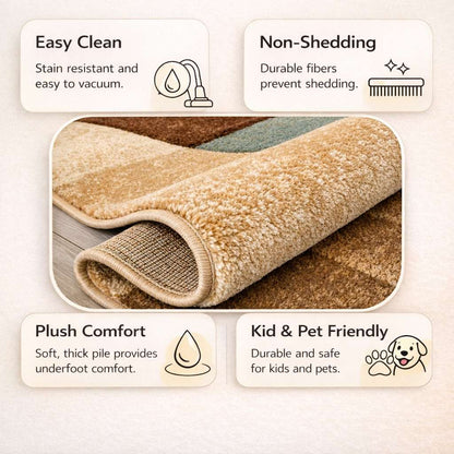 GV-111 - Beige rug with text highlighting its features on a light background (easy clean, non-shedding, plush comfort, kid/pet friendly)