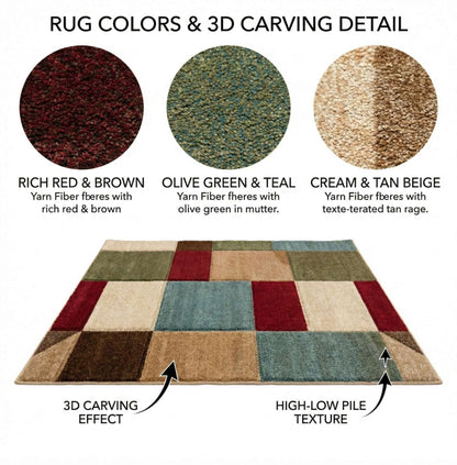 GV-111 Color swatches and a patchwork rug with text describing colors and textures (rich red & brown, olive green & teal, cream and tan/beige)