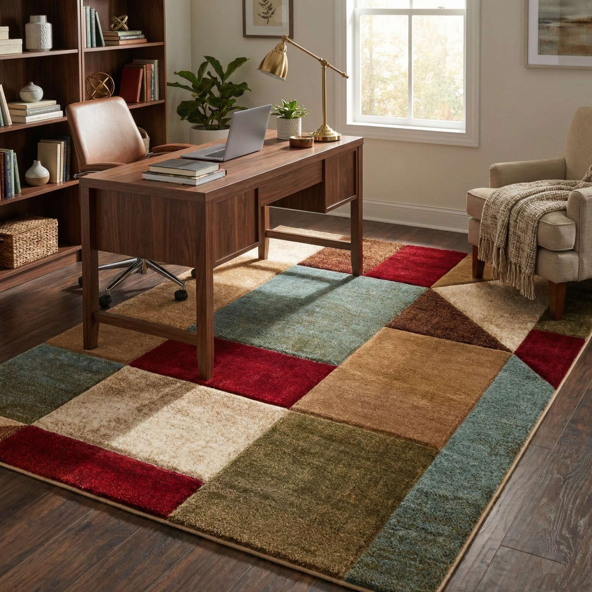 GV-111 Colorful geometric-patterned rug in a home office setting with a desk and chair.