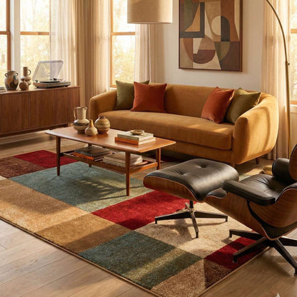 GV-111 - Living room with a brown sofa, colorful rug, and modern decor.