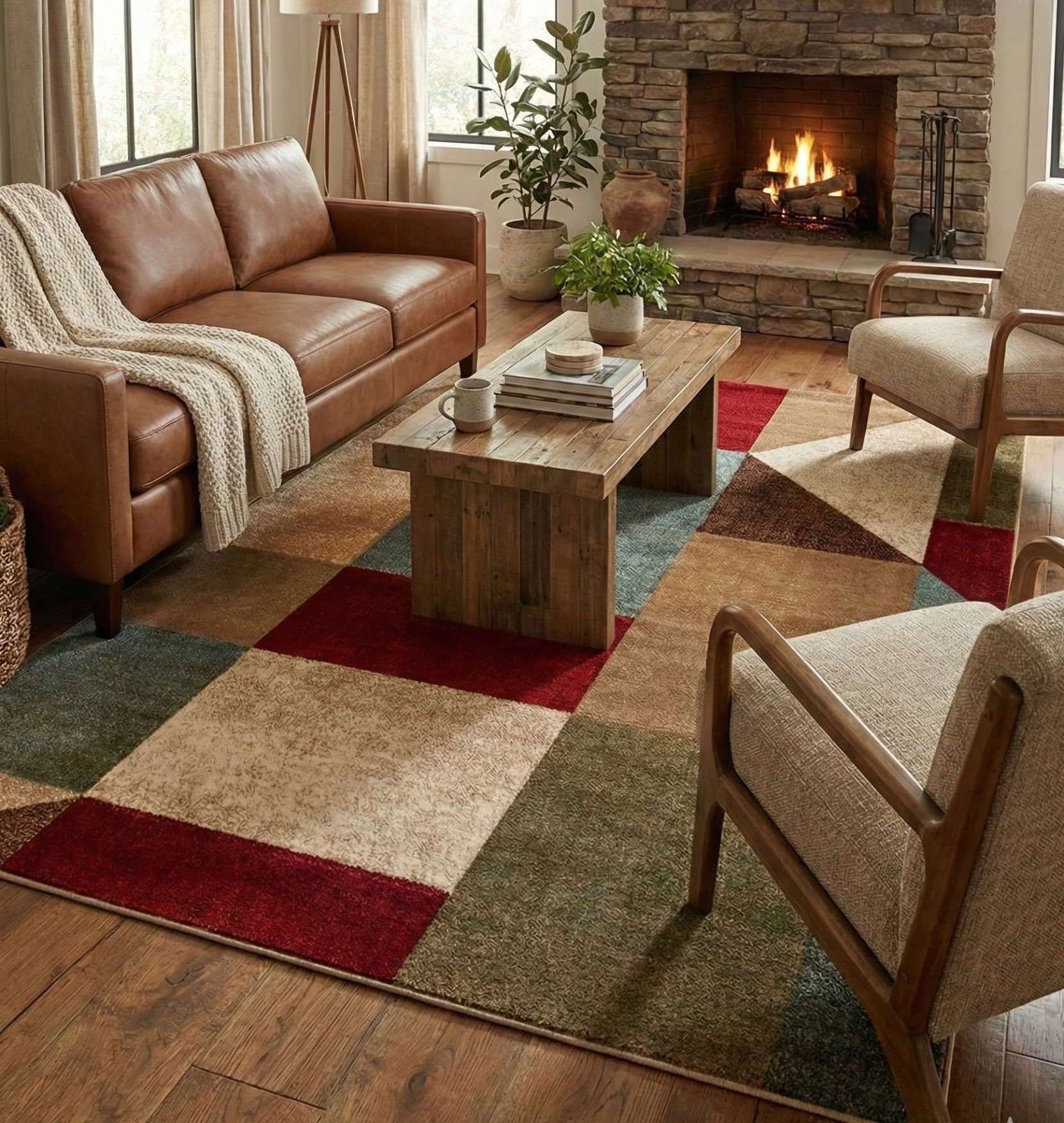 GV-111 - Cozy living room with brown leather sofa, wooden coffee table, and patterned geometric rug.