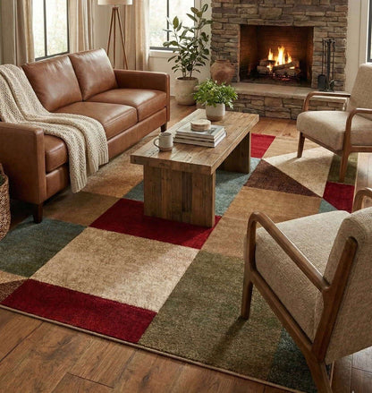 GV-111 - Cozy living room with brown leather sofa, wooden coffee table, and patterned geometric rug.