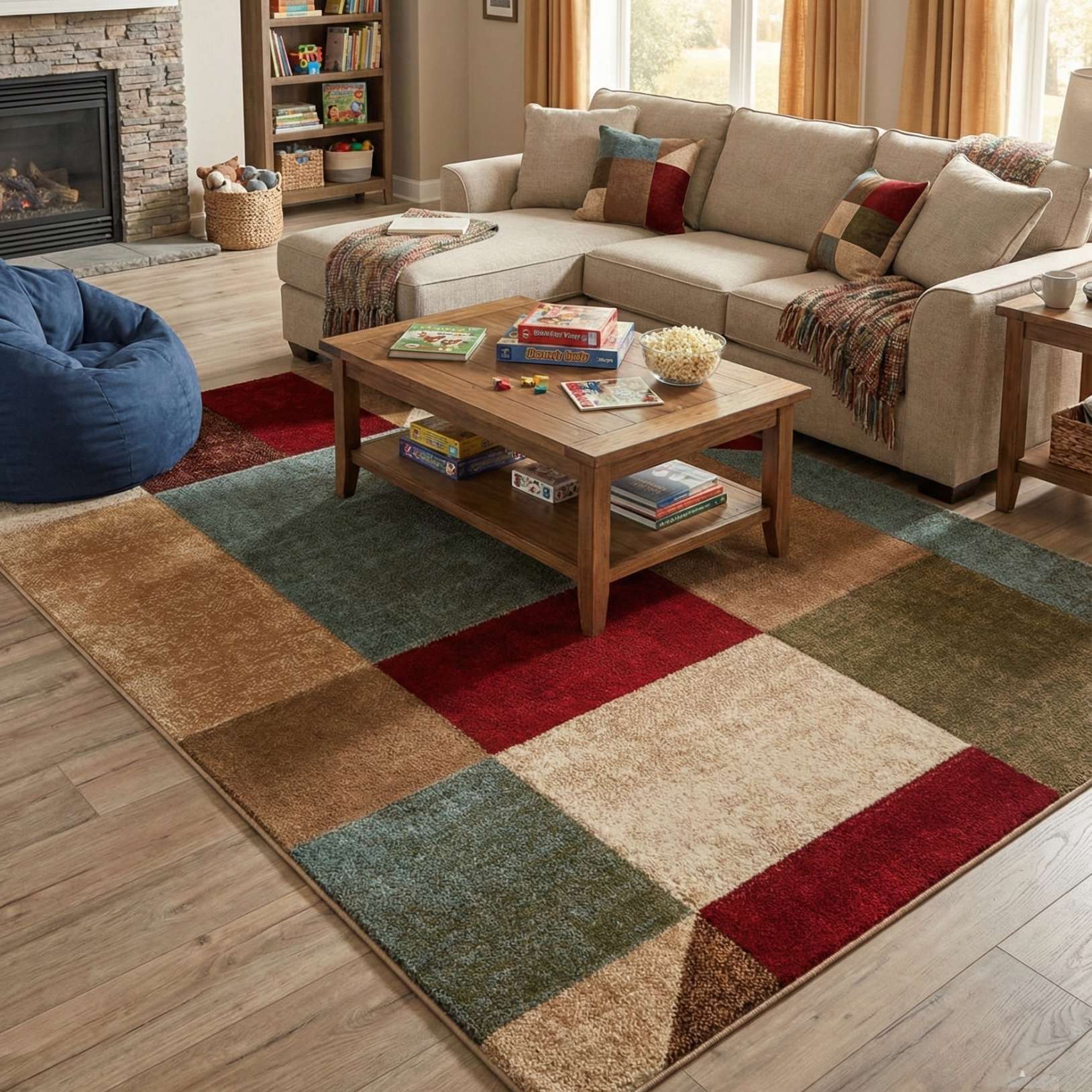 GV-111 Living room with a colorful colorblock rug, sectional sofa, coffee table, and fireplace.