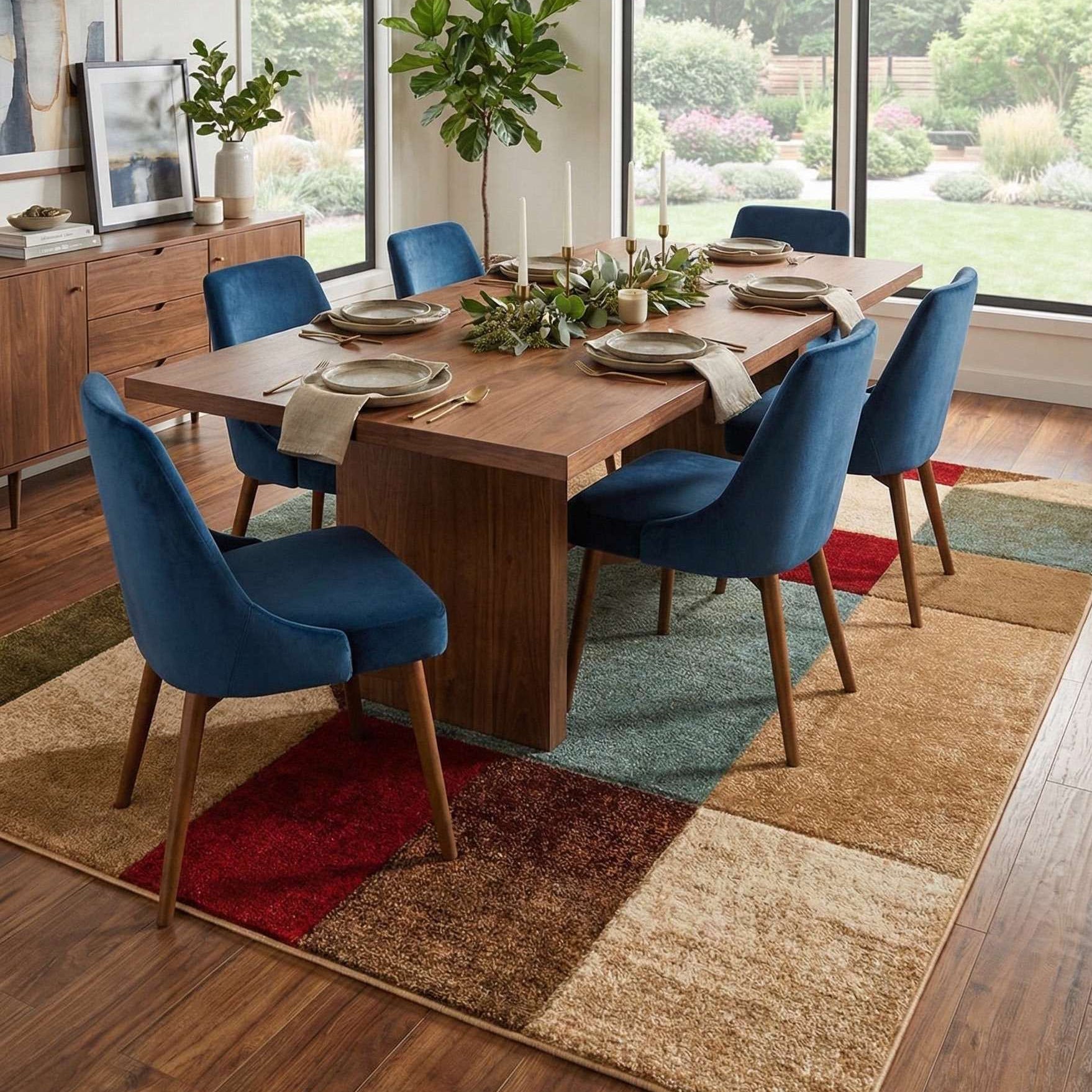 GV-111 - Dining room with wooden table and blue chairs on a multicolored geometric rug.