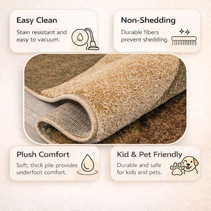 GV-121 - Roll of carpet with features highlighted on a white background, including easy clean, non-shedding, plush comfort, and kid/pet friendly