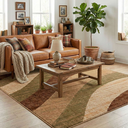 GV-121 - Living room with brown leather sofa, wooden coffee table, and decorative items, like a brown and green rug with a waves pattern
