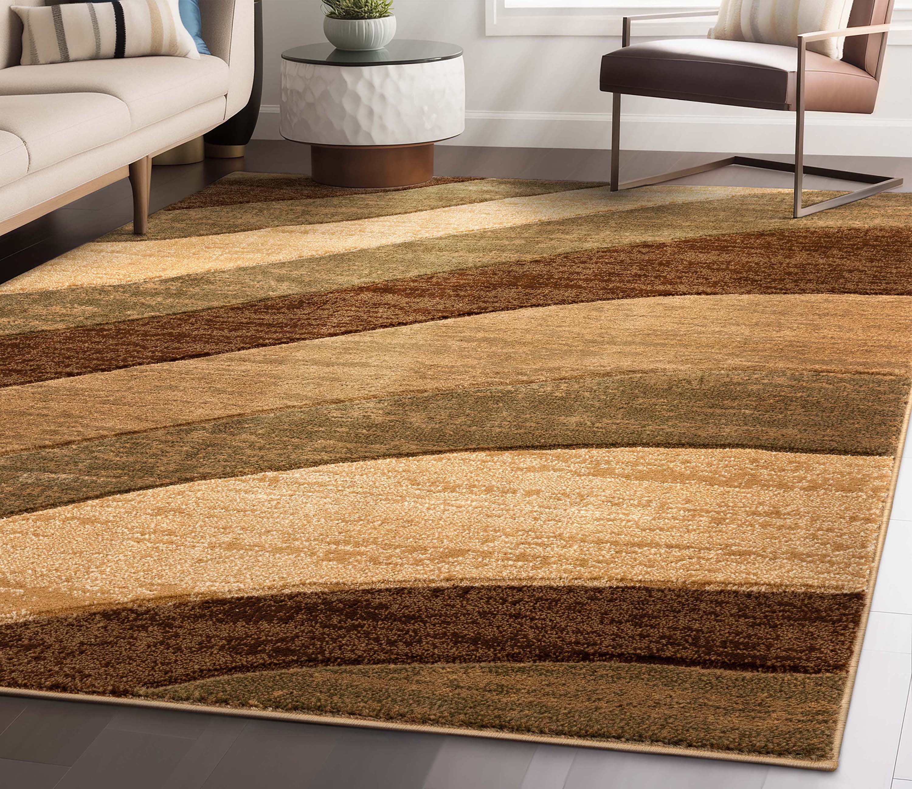 Cecilia Multi Brown Modern Geometric Stripes 3D Textured Rug Well Woven