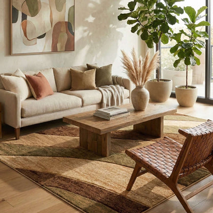 GV-121 - Cozy living room with a beige sofa, wooden coffee table, and decorative plants. A brown and green geometric living room rug anchors the space