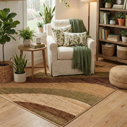 GV-121 - Cozy living room with a white armchair, patterned cushions, and a wooden side table. A small green and brown area rug anchors the seating area.