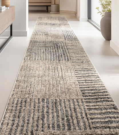 Custom Size Runner Sula Modern Geometric Boxes Ivory Grey Choose Your Width x Choose Your Length Hallway Runner Rug Well Woven