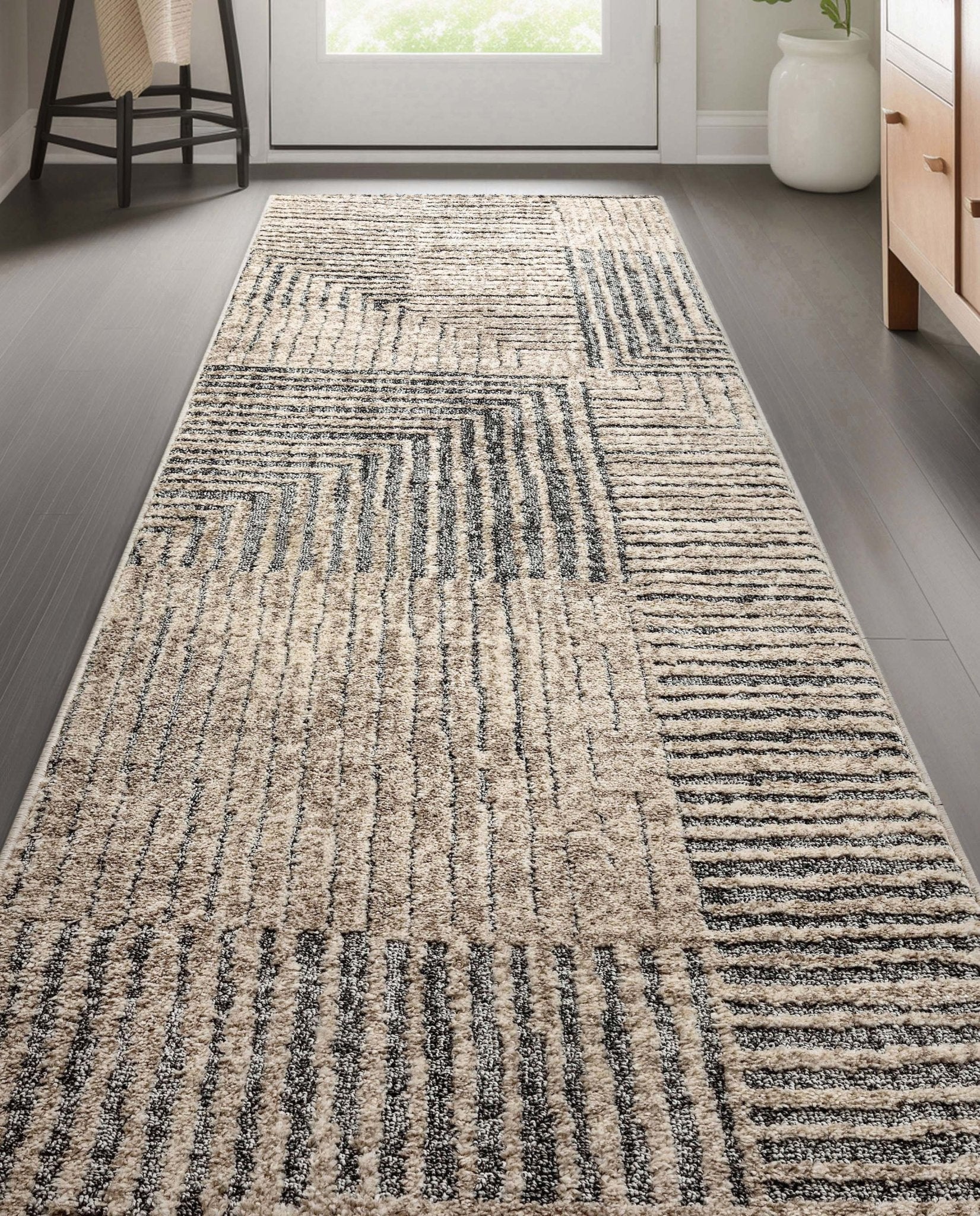 Custom Size Runner Sula Modern Geometric Boxes Ivory Grey Choose Your Width x Choose Your Length Hallway Runner Rug Well Woven