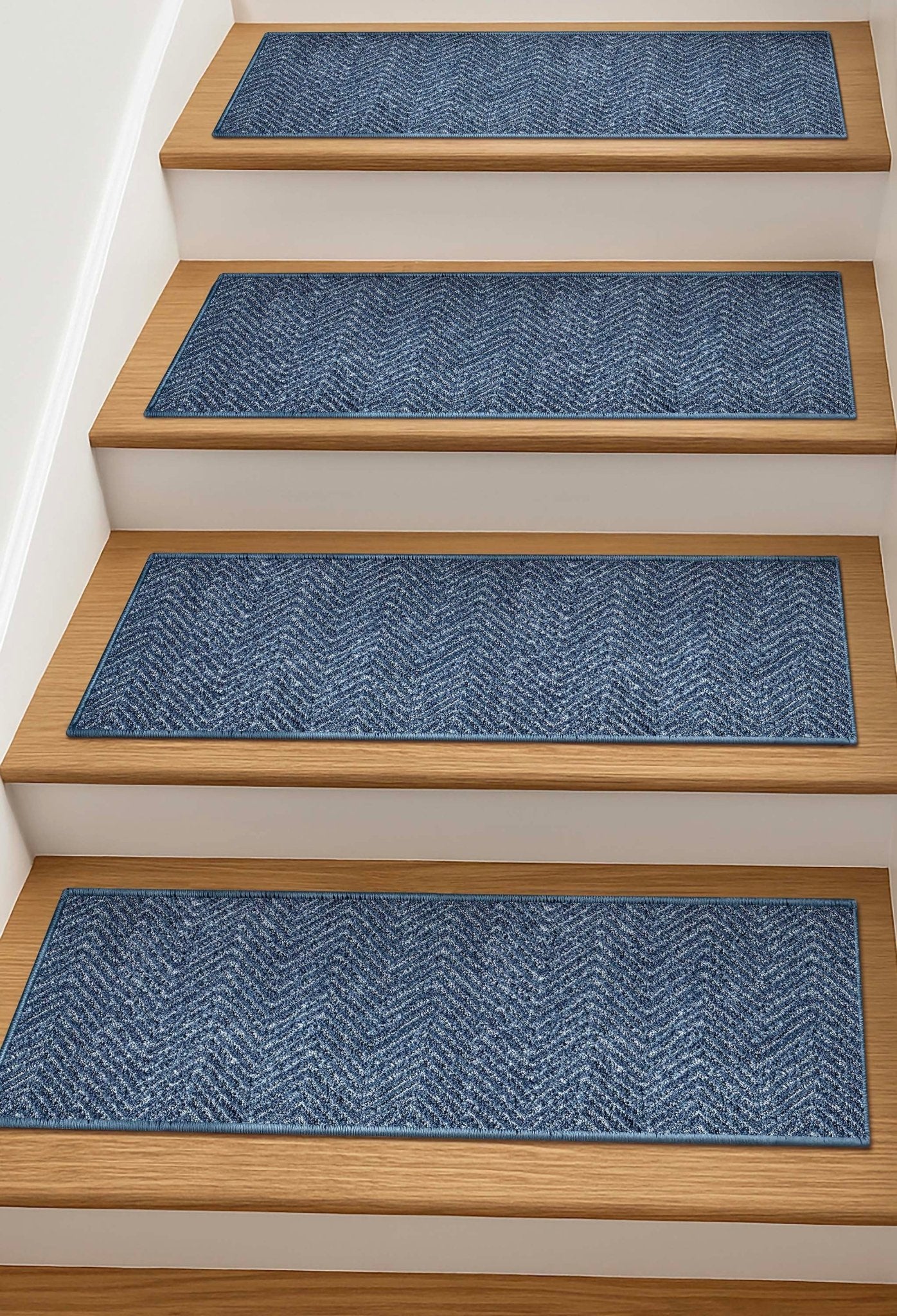 Pompeii Blue Stair Tread Rugs - Well Woven - Pompeii Blue Stair Tread Rugs on wooden stairs