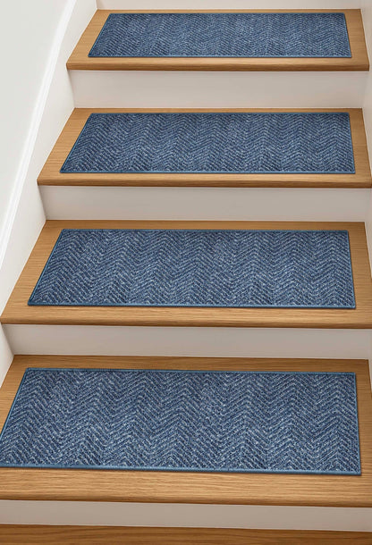 Pompeii Blue Stair Tread Rugs - Well Woven - Pompeii Blue Stair Tread Rugs on wooden stairs