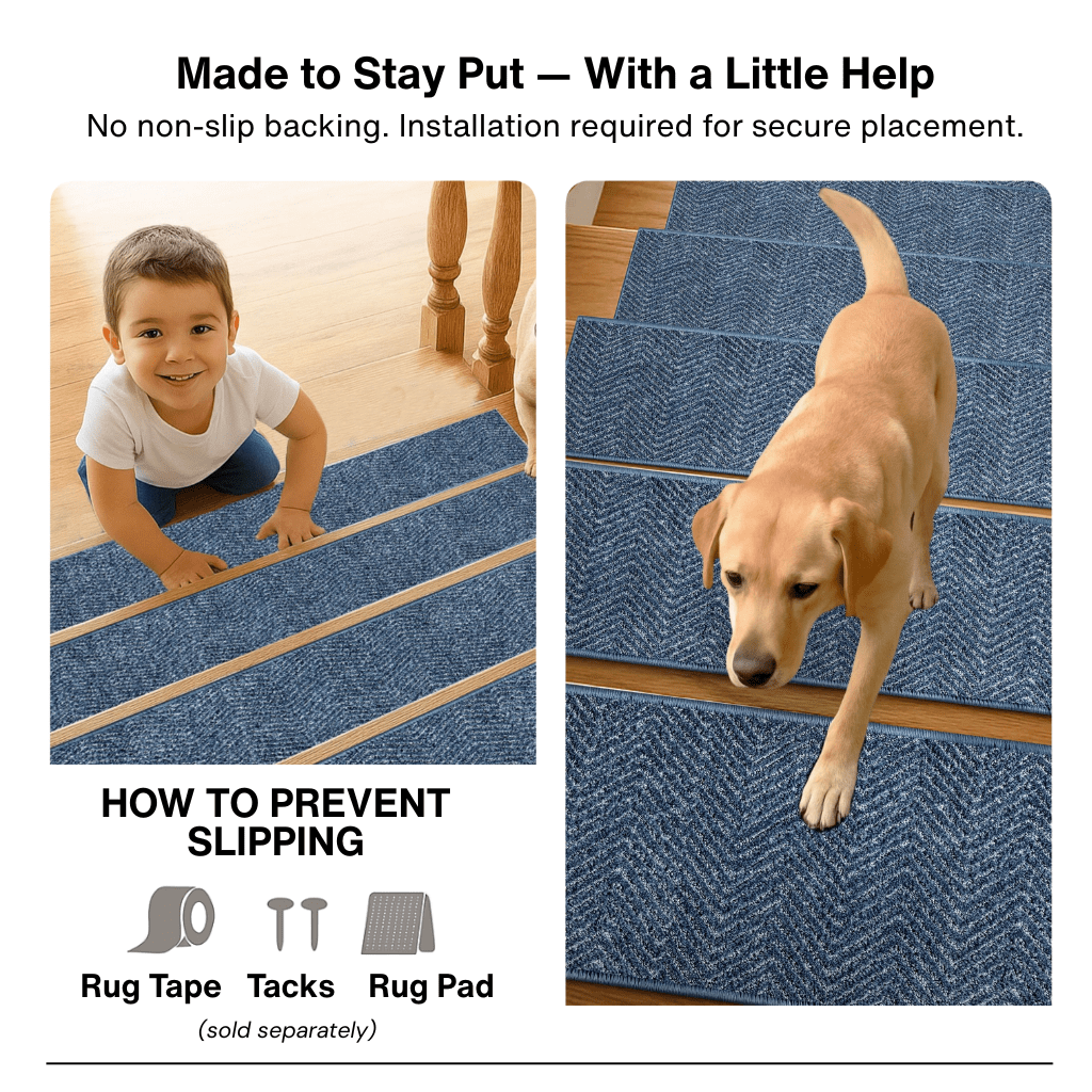 Blue stair tread rugs with text about no non-slip backing and installation, showing a child and dog on the mat.