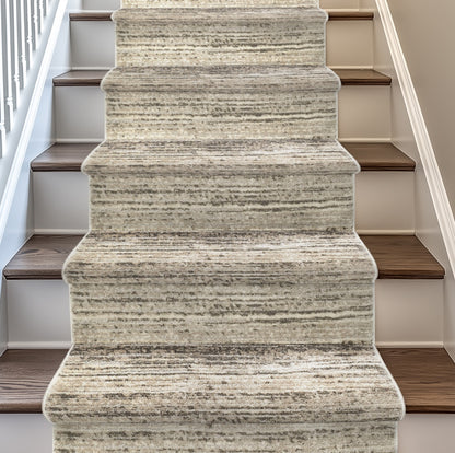 HAR-178 Staircase with a textured beige/taupe carpet runner and wooden steps.