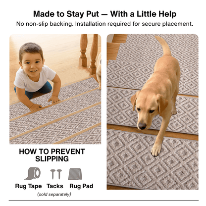Beige stair tread rugs with text about no non-slip backing and installation, showing a child and dog on the rugs.