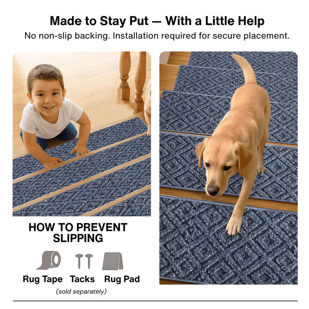 Blue stair tread rugs with text about no non-slip backing and installation, showing a child and dog on the rugs.