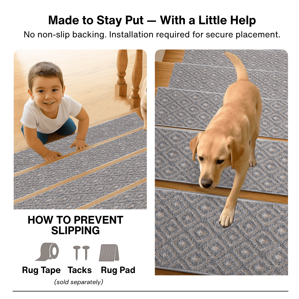Grey stair tread rugs with text about no non-slip backing and installation, showing a child and dog on the rugs.