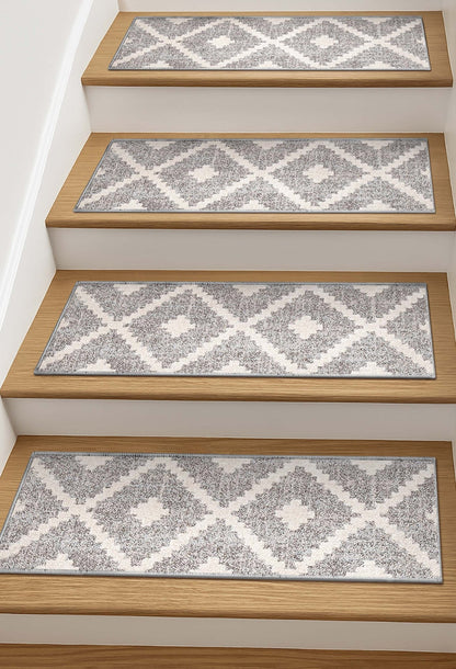 Ailey Ivory Stair Tread Rugs - Well Woven - Ailey Ivory Stair Tread Rugs on wooden stairs