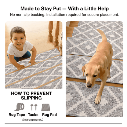 Beige and grey stair tread rugs with text about no non-slip backing and installation, showing a child and dog on the rugs.