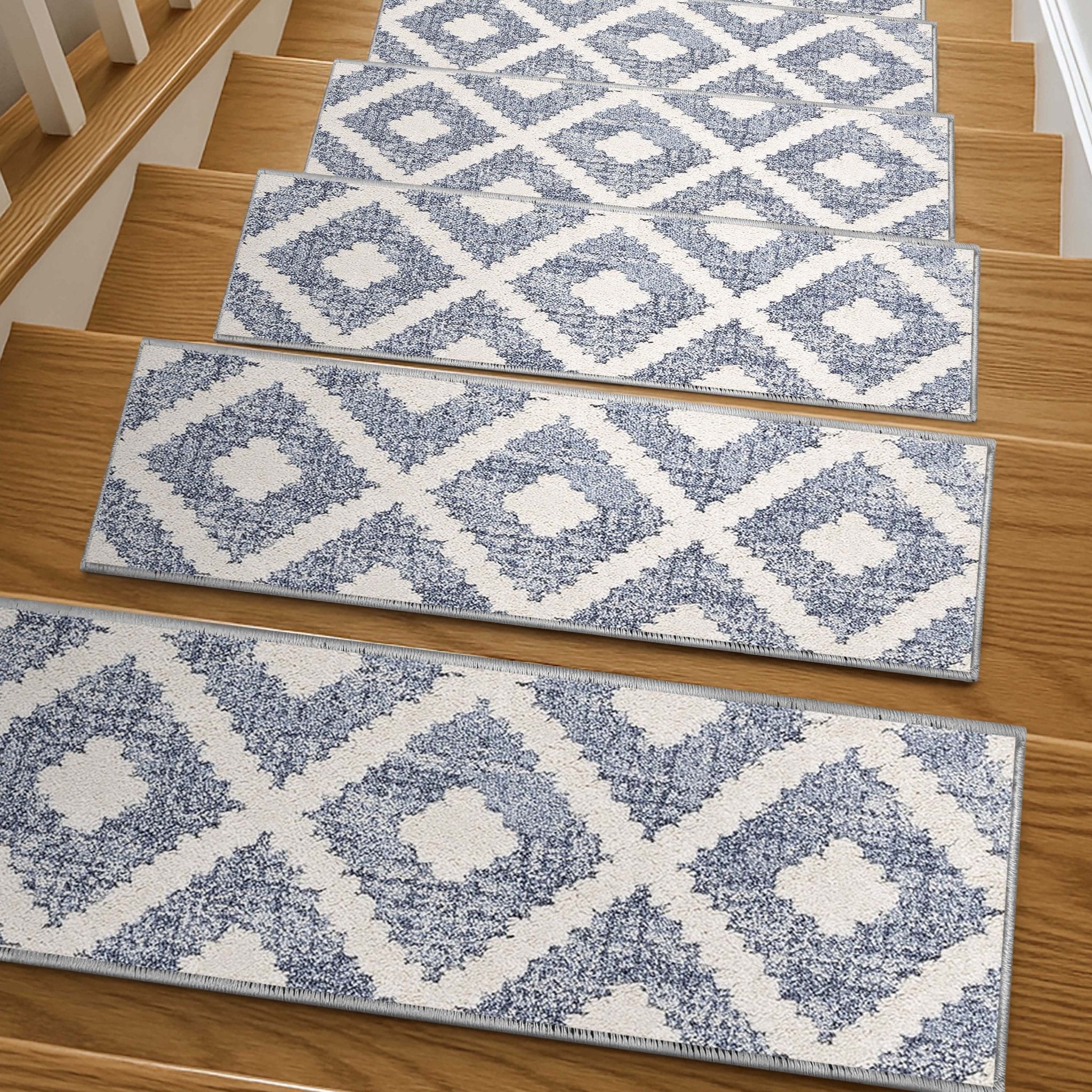 Ailey Blue Stair Tread Rugs - Well Woven - Ailey Blue Stair Tread Rugs on wooden steps 