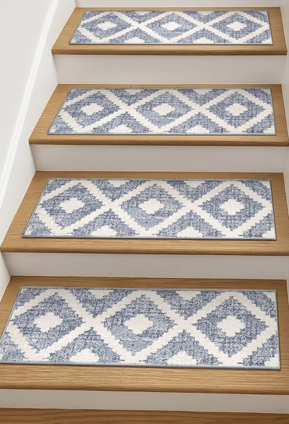 Ailey Blue Stair Tread Rugs - Well Woven - Ailey Blue Stair Tread Rugs on wooden stairs
