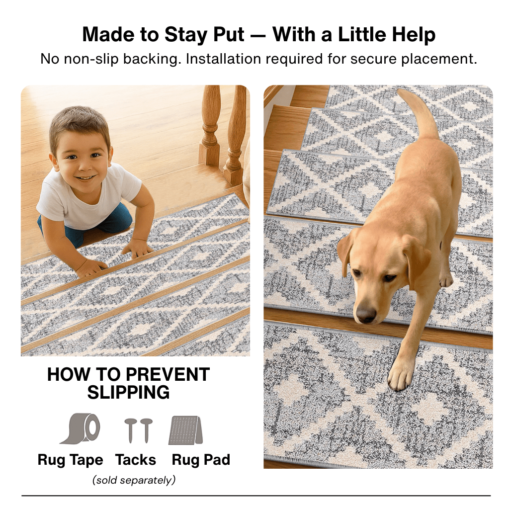Grey and Beige stair tread rugs with text about no non-slip backing and installation, showing a child and dog on the rugs.