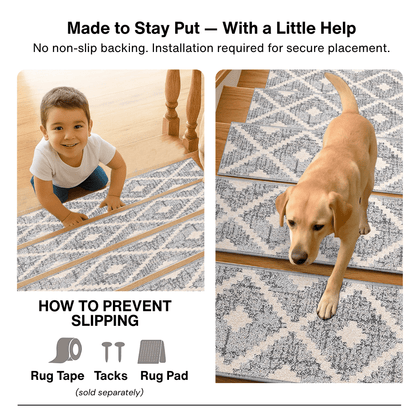 Grey and Beige stair tread rugs with text about no non-slip backing and installation, showing a child and dog on the rugs.