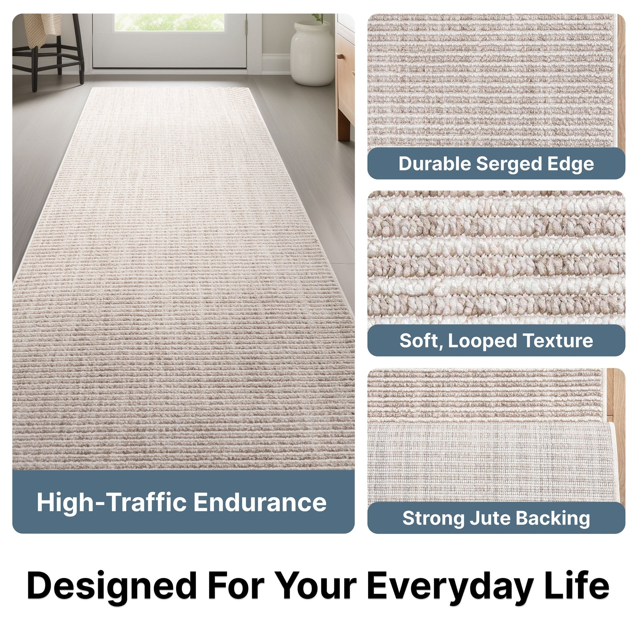Custom Size Runner Berber Stripes Contemporary Striped Beige Choose Your Width x Choose Your Length Hallway Runner Rug Well Woven