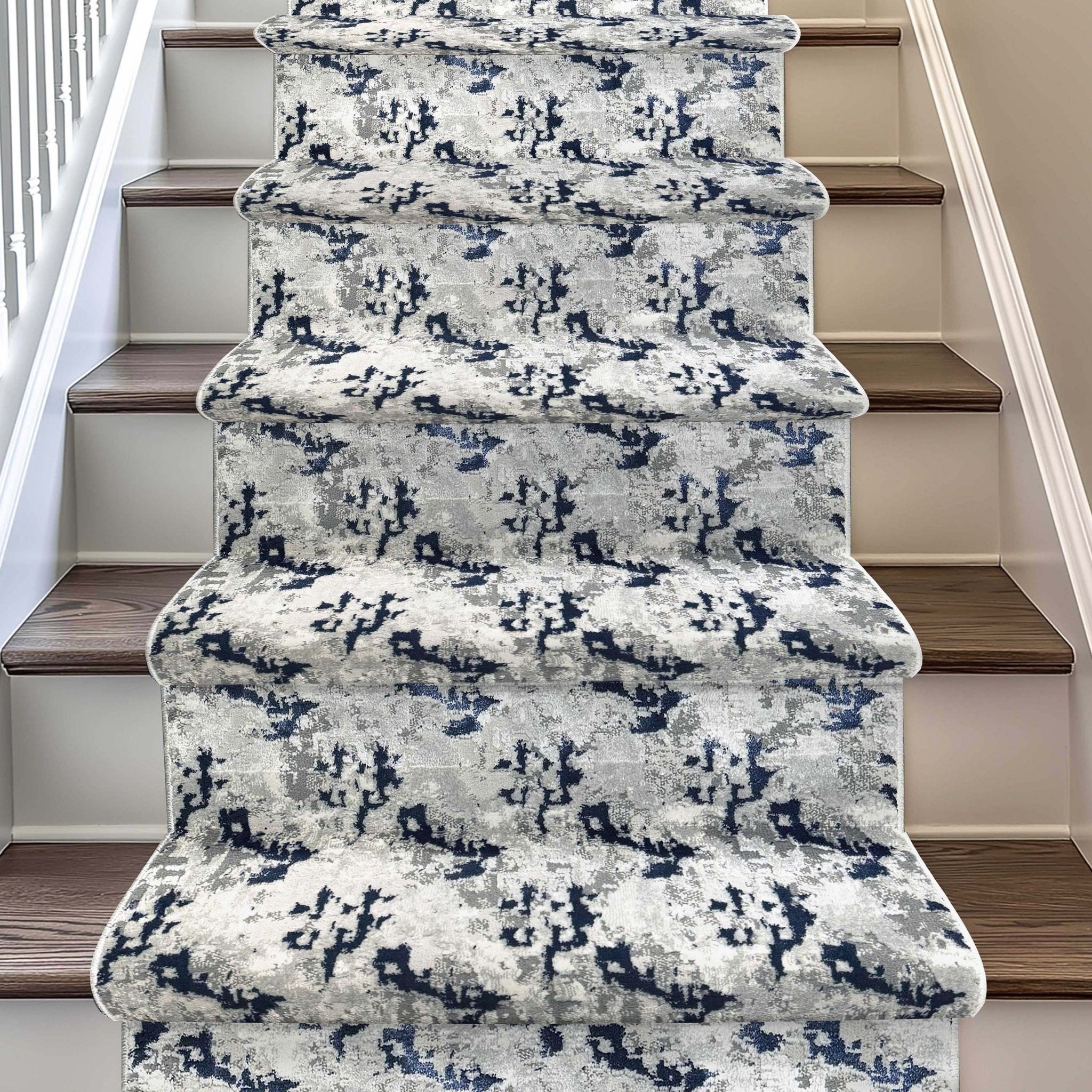 Shadowplay Custom Stair Runner on a wooden staircase
