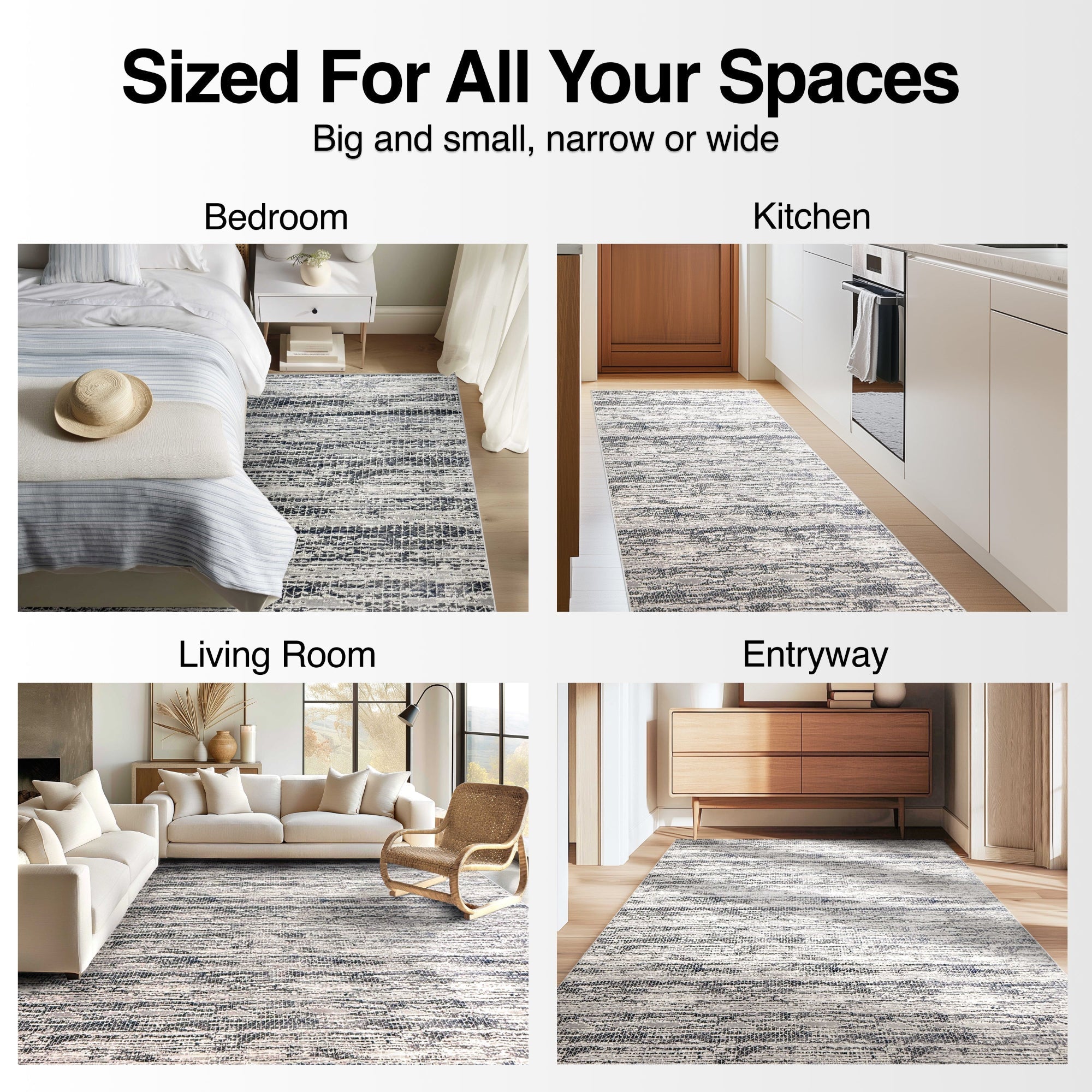 The Abstract Shapes Tidal Sands Textured Design Made-to-Measure Custom Rug for Your Space in various room settings