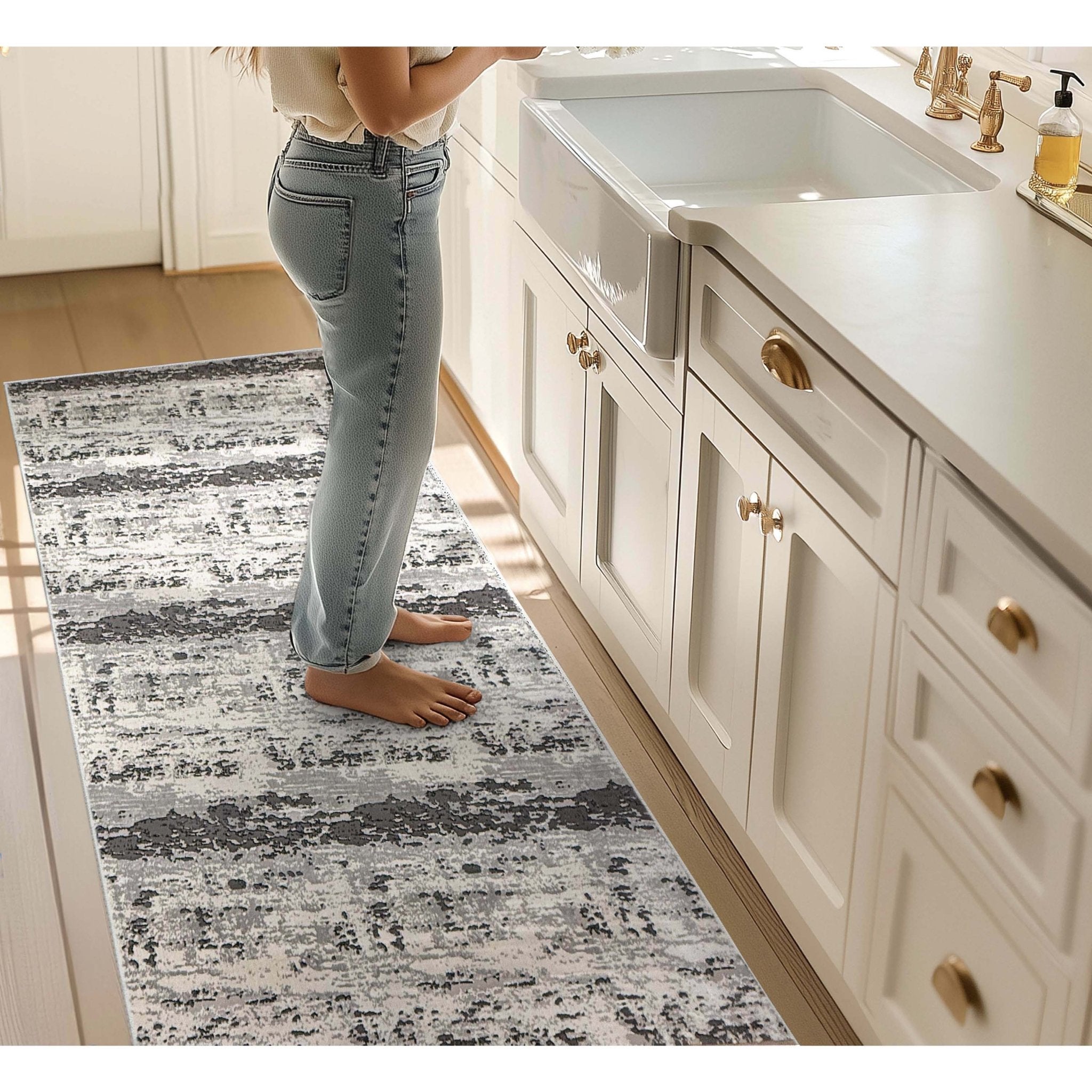 Well Woven | The Abstract Textured Design Smoky Currents Made-to-Measure Custom Rug in a kitchen