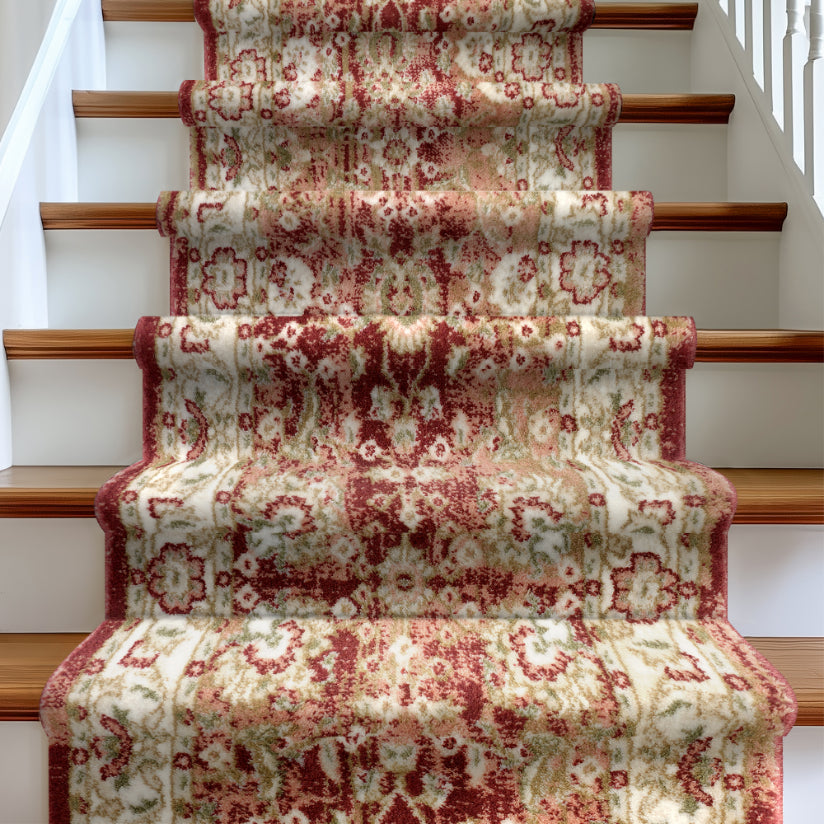 IND-100 Decorative crimson red and beige patterned stair runner on a staircase.