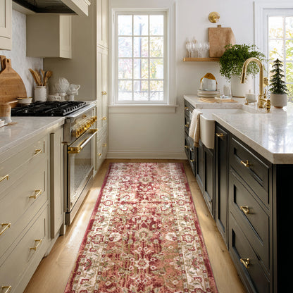 IND-100 Modern kitchen with a crimson patterned runner rug on the floor