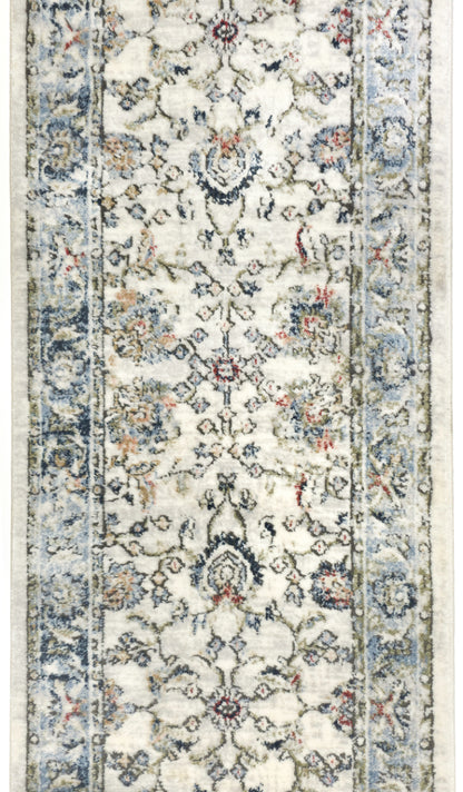 IND-102 Decorative runner rug with an ivory floral pattern on a white background
