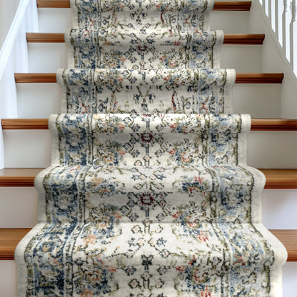IND-102 Staircase with an ivory patterned runner on wooden steps