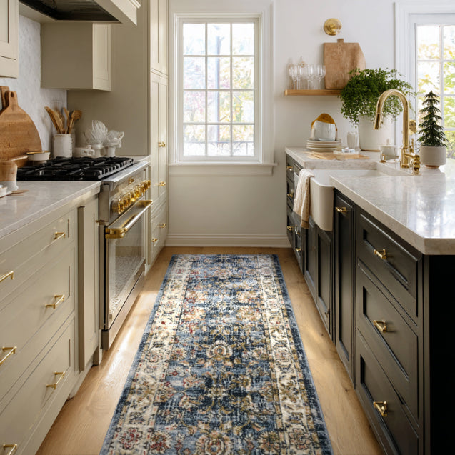 IND-106 Modern kitchen with a decorative blue runner rug on the floor