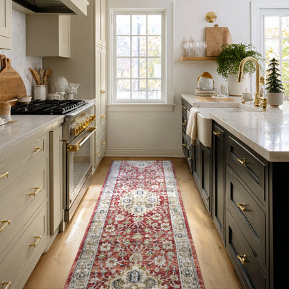 IND-130 Modern kitchen with a decorative red runner rug with medallions on the floor