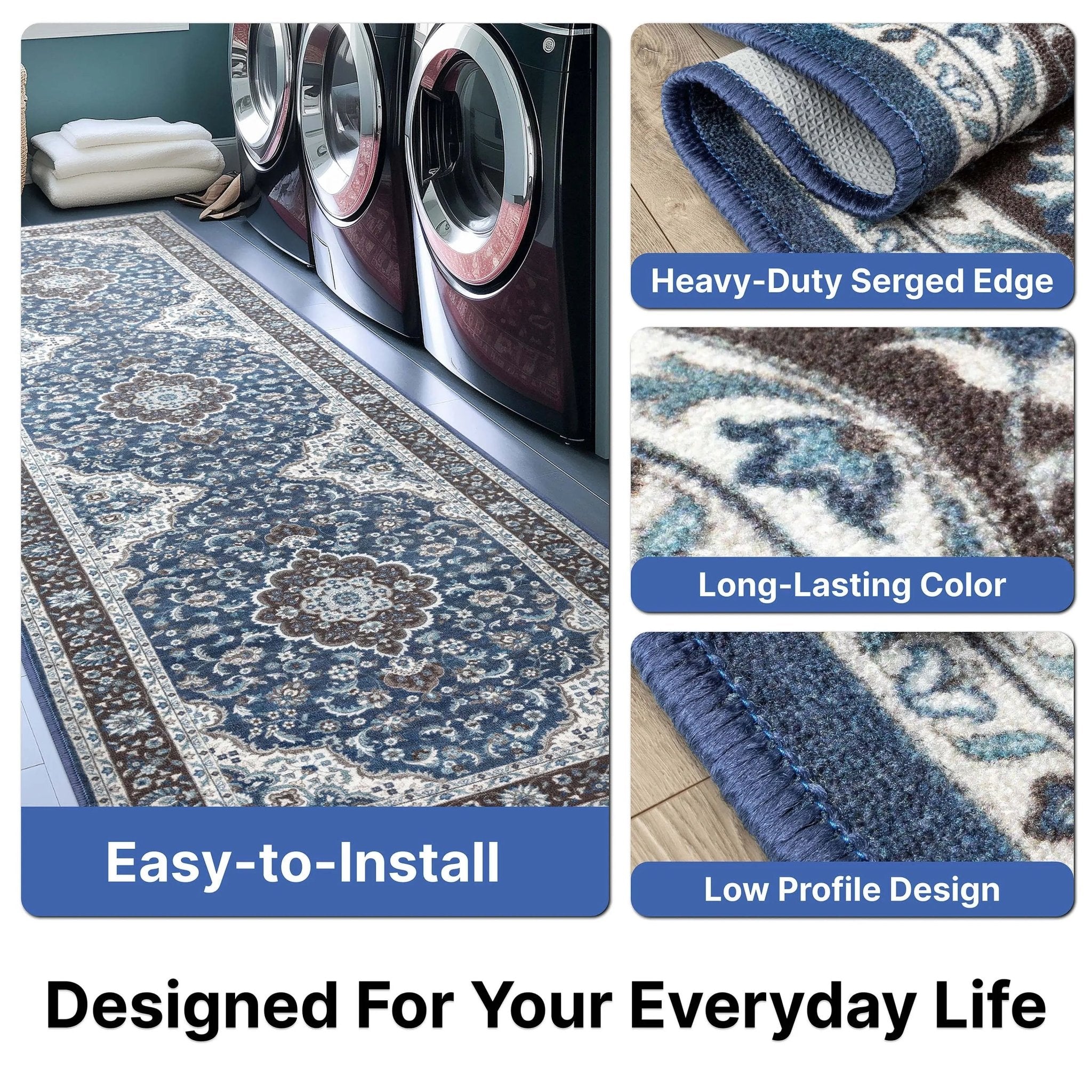 Custom Size Runner Gene Medallion Persian Blue Select Your Width x Choose Your Length Machine Washable Hallway Runner Rug Well Woven