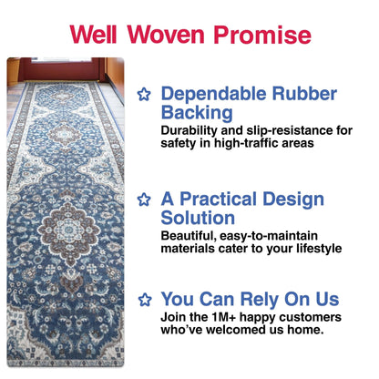 Custom Size Runner Gene Medallion Persian Blue Select Your Width x Choose Your Length Machine Washable Hallway Runner Rug Well Woven