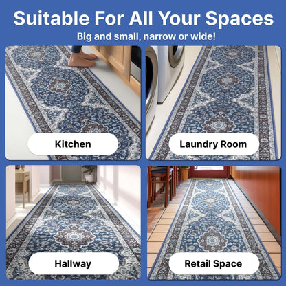 Custom Size Runner Gene Medallion Persian Blue Select Your Width x Choose Your Length Machine Washable Hallway Runner Rug Well Woven